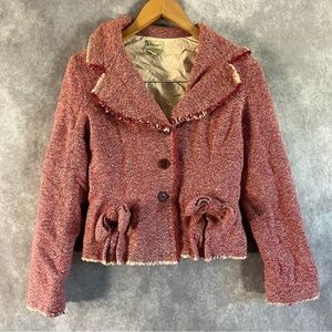 Elevenses Jacket Women 4 Red Wool Holiday Bow Anthropologie Blazer Raw Hem Boho